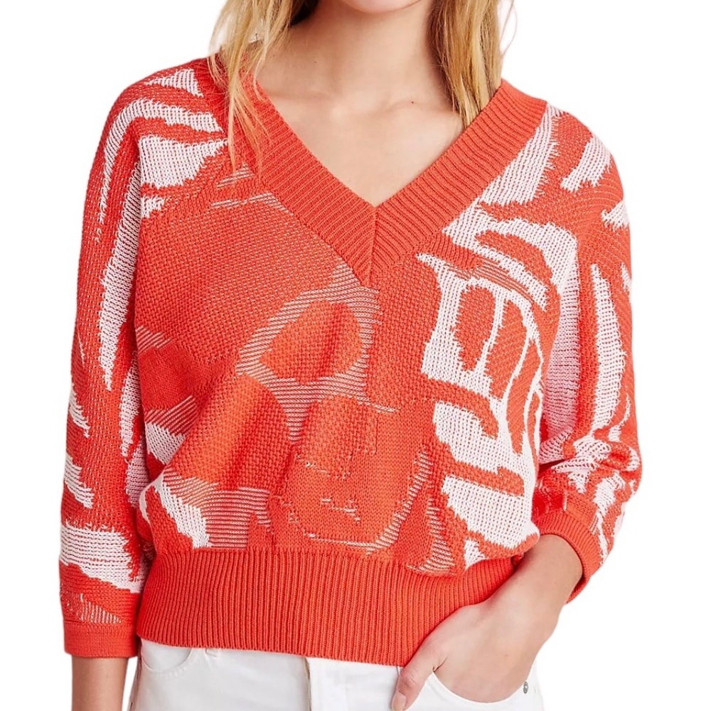 New Callahan Cotton Jacquard Knit V-Neck Sweater Tangerine White Size Small